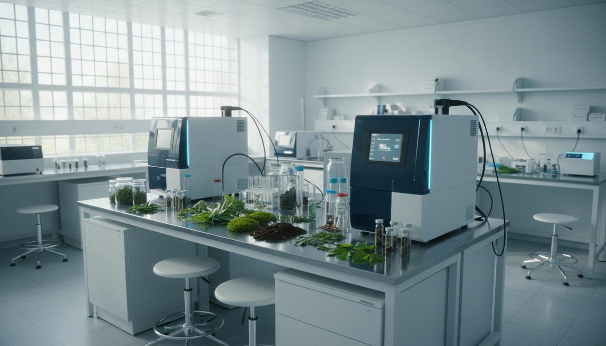 Лабораторный стол с оборудованием для анализа ДНК, стеклянными пробирками и образцами растений.