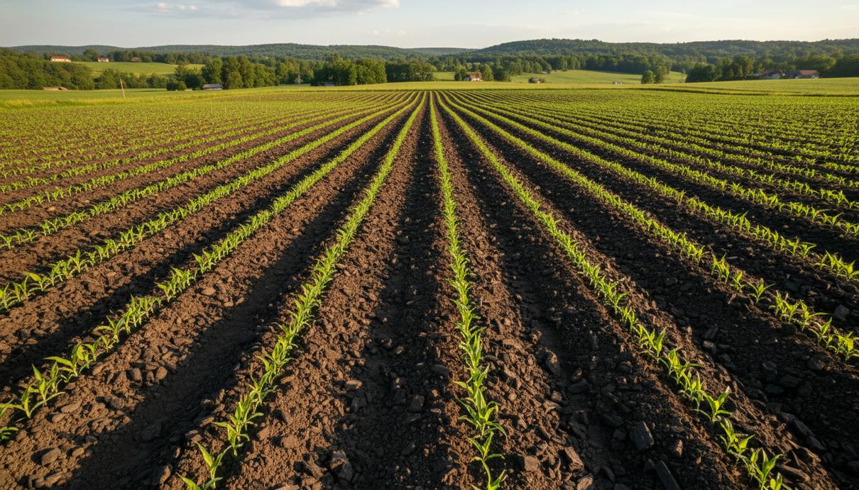 Темный биоуголь, смешанный с почвой на сельскохозяйственном поле, с молодыми зелеными всходами растений.