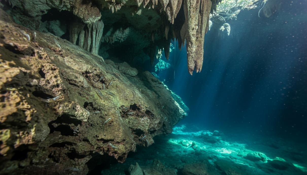 Подводный вид темной карстовой пещеры с известняковыми стенами, сталактитами и плавающими светлыми креветками.