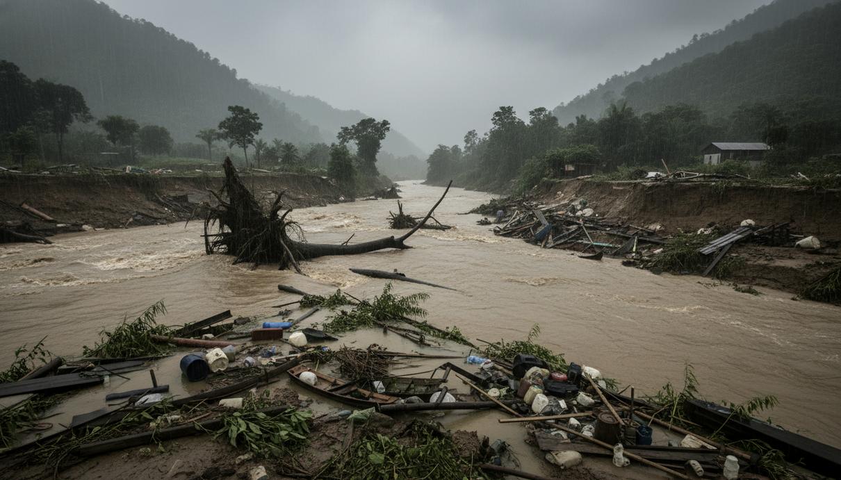 Затопленная долина в тропиках: мутная вода, поваленные деревья и размытая почва после разрушительного наводнения.