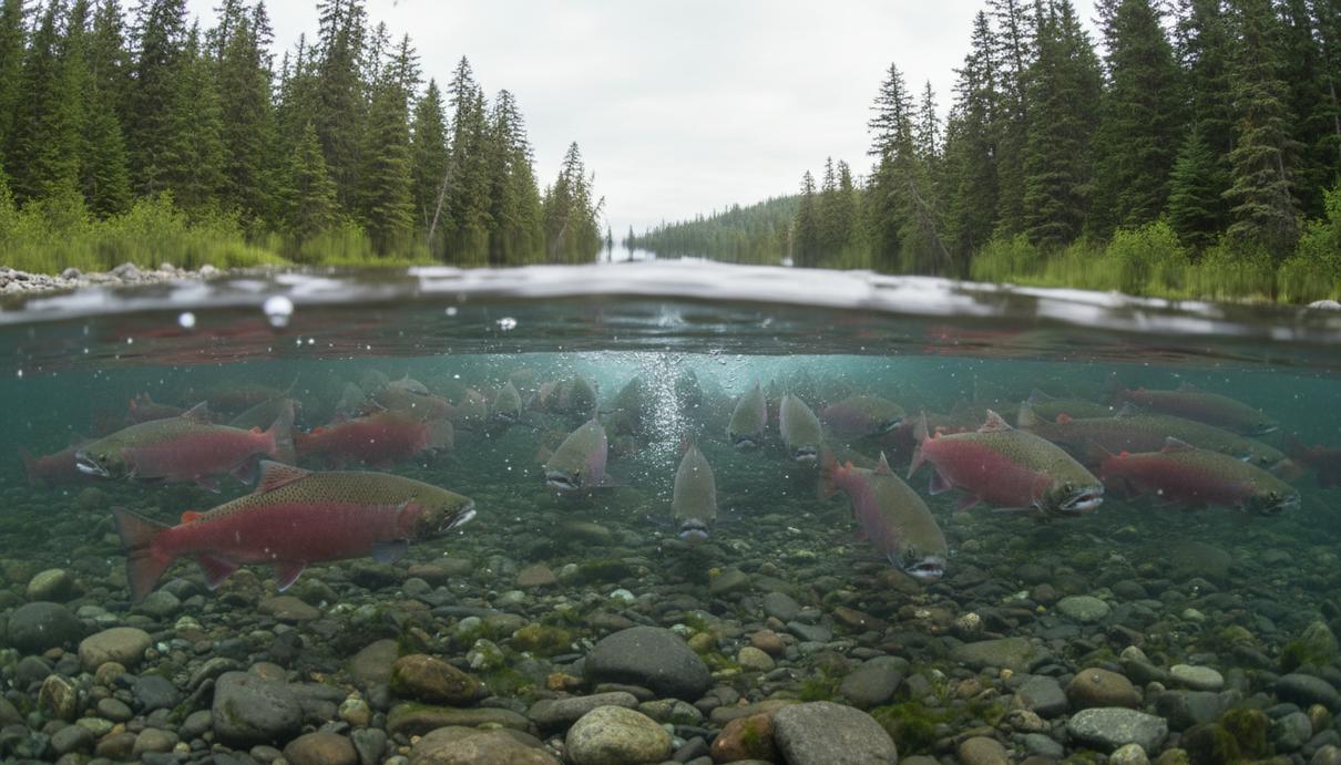 Стая дикого лосося плывет против течения в прозрачной реке с каменистым дном на фоне густого хвойного леса.