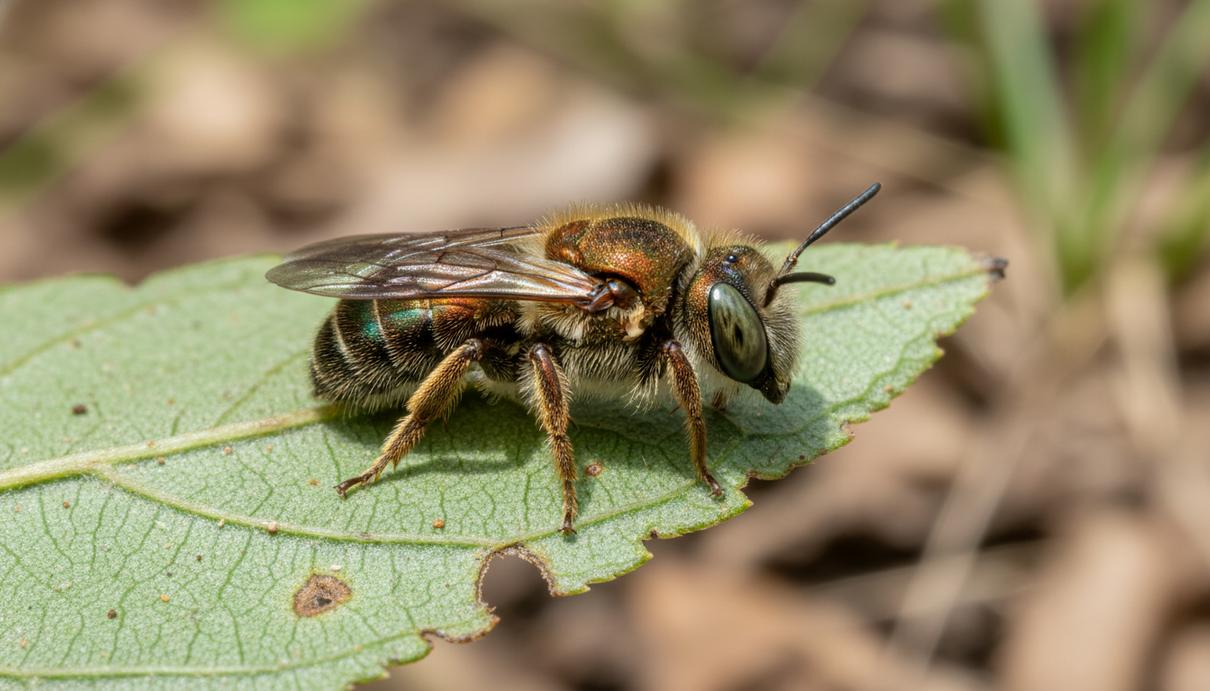 Крупный план переливающейся медно-зеленой дикой пчелы, сидящей на листе растения в естественной среде обитания.