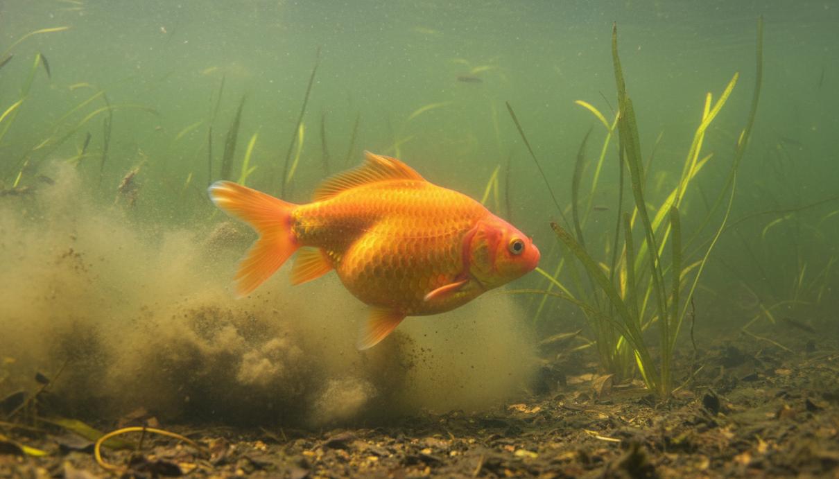 Крупная оранжевая золотая рыбка плавает в мутной воде природного водоема, поднимая ил со дна среди водорослей.