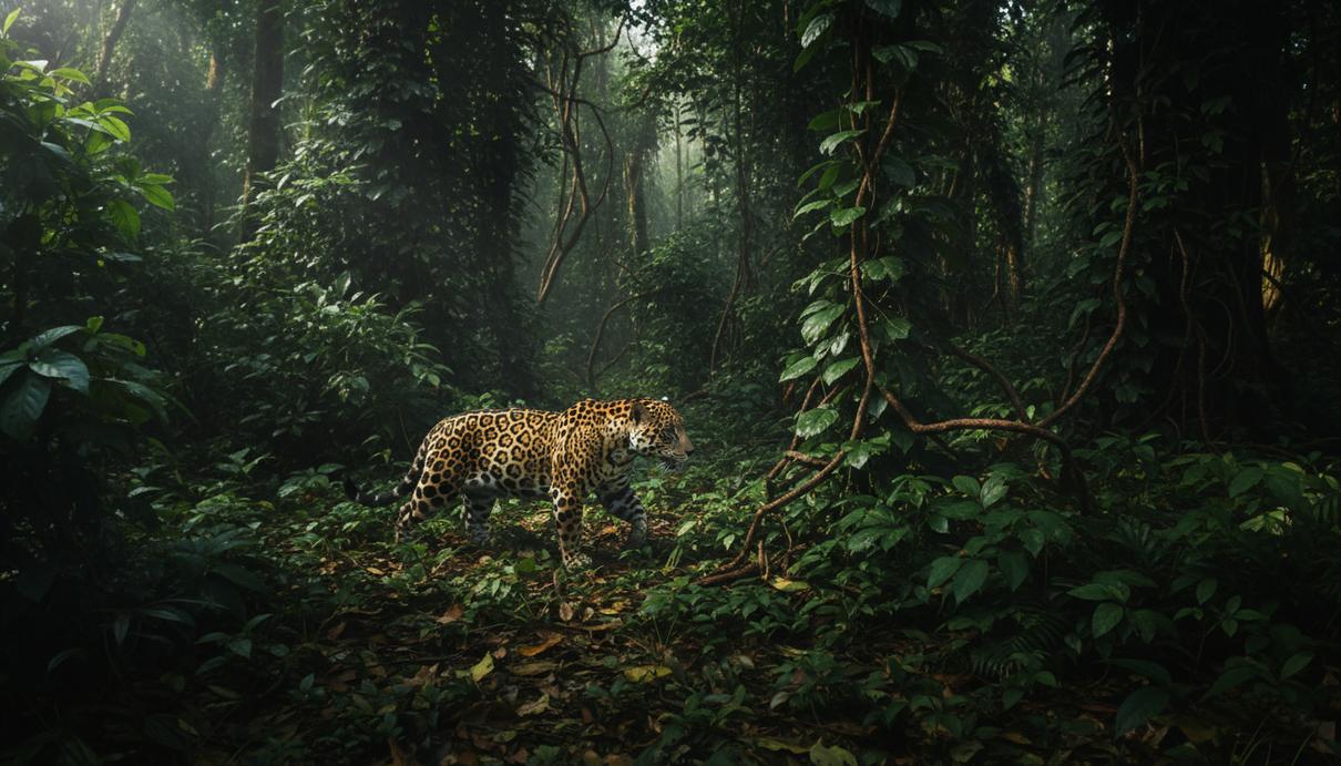 Ягуар идет по густым зарослям тропического леса с крупными зелеными листьями сквозь пятна солнечного света.