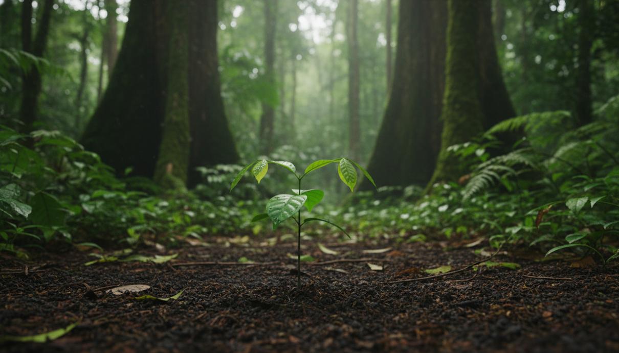 Молодой зеленый саженец дерева растет из темной плодородной почвы на фоне густого тропического леса.