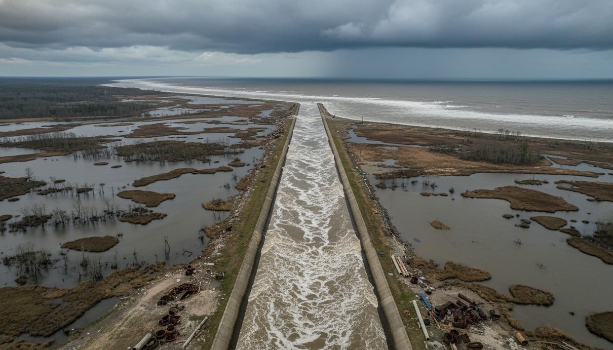 Широкий искусственный речной канал с быстрым течением, проходящий через равнину к океану под пасмурным небом.
