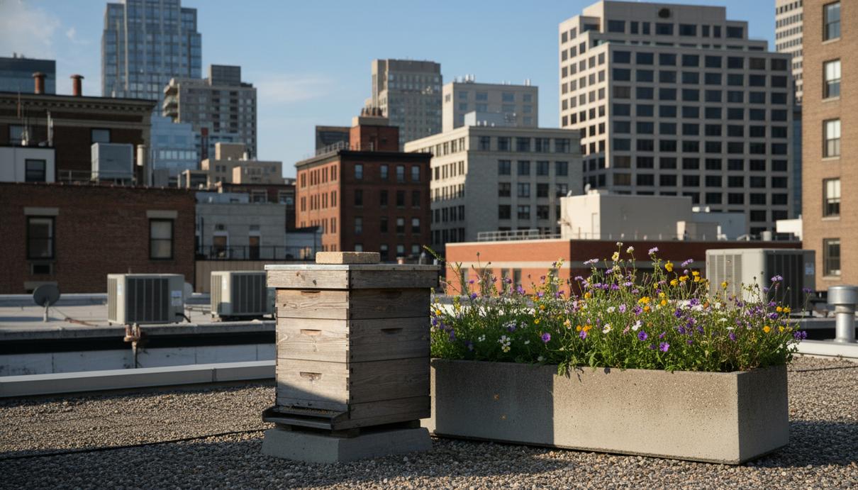 Деревянный улей для пчел на плоской крыше городского здания рядом с небольшим ящиком цветущих растений.