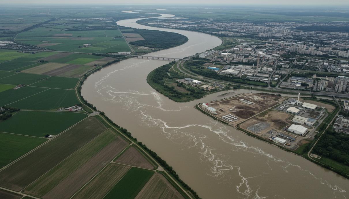 Широкая река с мутной водой, протекающая между сельскохозяйственными угодьями и городской застройкой.