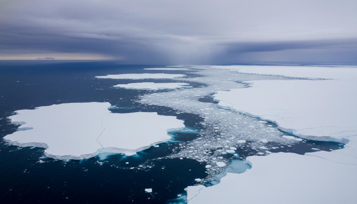 Вид сверху на расколотый белый морской лед и темную воду Южного океана у берегов Антарктиды на фоне грозовых облаков.