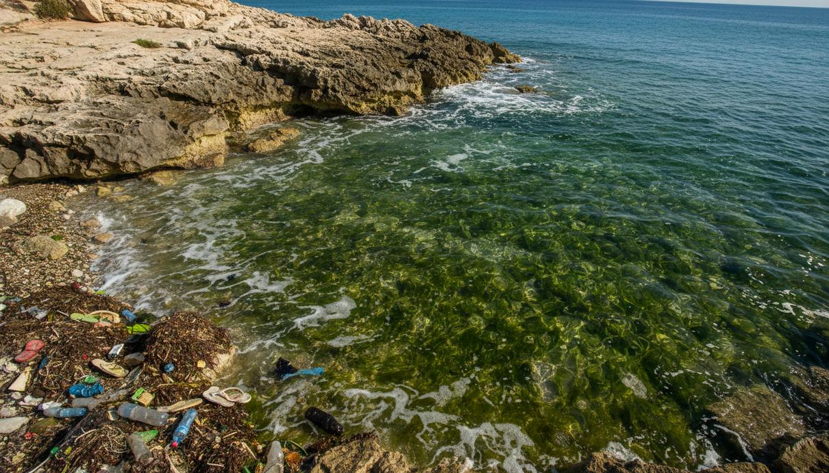 Скалистое побережье Средиземного моря, прозрачная вода с водорослями и разбросанный пластиковый мусор на берегу.